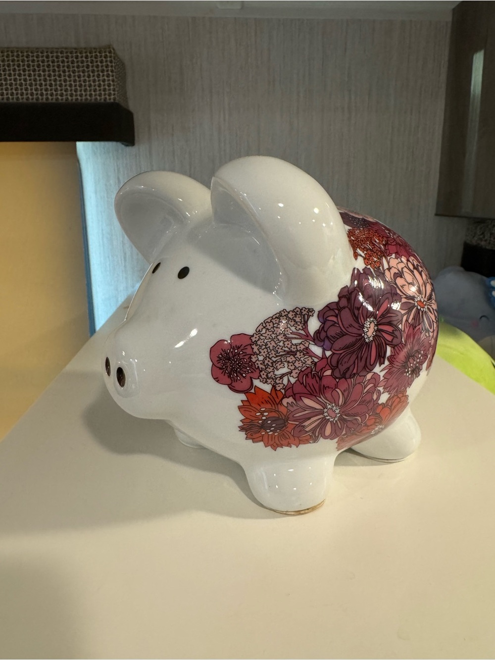 EUC!Liberty of London White Ceramic Piggy Bank with Pink Floral Motif